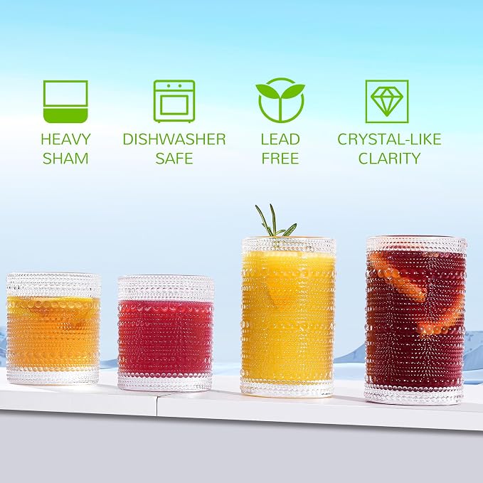 Vintage Hobnail Drinking Glasses Set of 12-14 oz Old Fashioned Water Glass Cups & 11 oz Cocktail Glasses, Aesthetic Kitchen Bar Tumbler Glassware Gifts Sets for Smoothie, Juice, Coffee, Wine