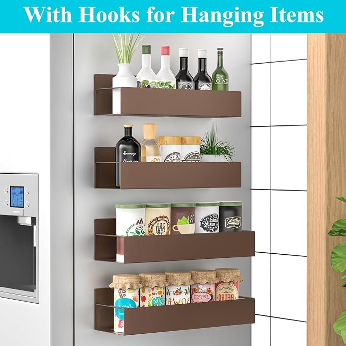 Metal Magnetic Spice Rack for Refrigerator Bronze, 4 Pack | Magnetic Shelves Heavy Duty for Fridge in Kitchen, Seasoning Storage Organizer, For Oven Washer and Dryer, For Heavier Items