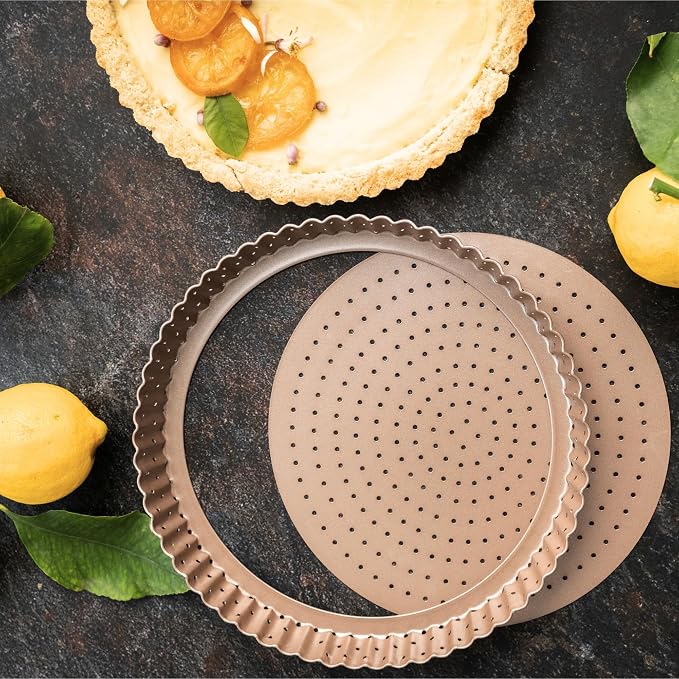 9 inch Tart Pan with Removable Bottom Nonstick, PFOA & BPA Free | | Non-Toxic - High Carbon Steel - Gold - Perforated Tart Mold