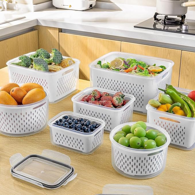 5 PCS Large Fruit storage Containers for Fridge ,Food Storage Containers | with Removable Colander Leakproof Dishwasher & Microwave safe Produce Containers Keep Fruits Vegetables Berry Fresh longer