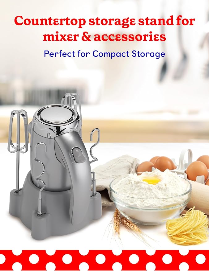 Betty Crocker 7-Speed Power-Up™ Hand Mixer with Stand, BC-4208S, Silver | 300 Watt Electric Mixer with Beaters and Dough Hooks, Ergonomic Electric Hand Blender for Home & Kitchen with Stand