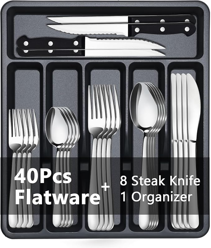 BEWOS 49 PCS Silverware Set - Stainless Steel Silverware Set with Organizer for 8, Flatware Set Included Steak Knives and Drawer Organizer, Mirror Polished, Dishwasher Safe