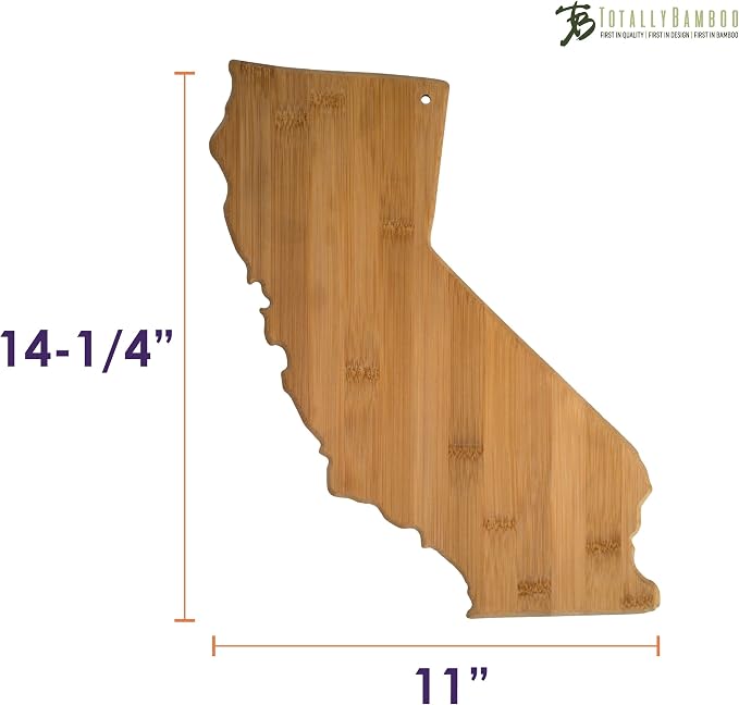 Totally Bamboo 20-7962CA California State Shaped Bamboo Serving and Cutting Board | State charcuterie board with natural bamboo grain. Knife-friendly surface for food prep. Hang tie for wall display.