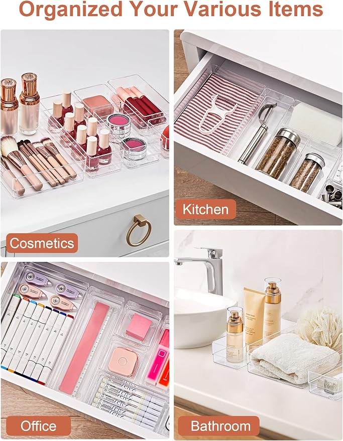 SMARTAKE 29 PCS Drawer Organizer, 4-Size Desk Bathroom Drawer Organizer | 4-Size Storage Tray with Non-Slip Silicone Pads for Makeup, Jewelries, Utensils in Bedroom Dresser, Office and Kitchen Clear