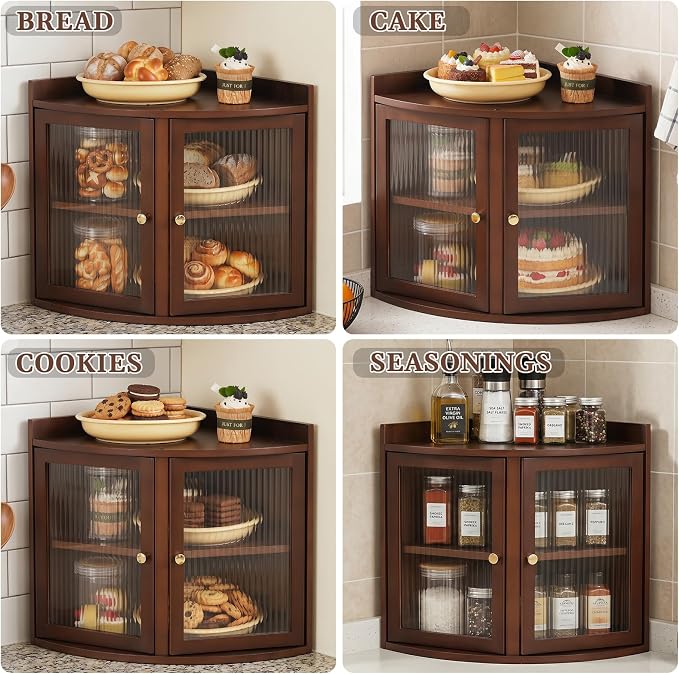 Baveke Bread Box for Kitchen Countertop, Corner Bread Box & Bamboo Breadbox, Large Bread Storage with Double Layer, Vintage Storage for Homemade Bread, Rustic Brown