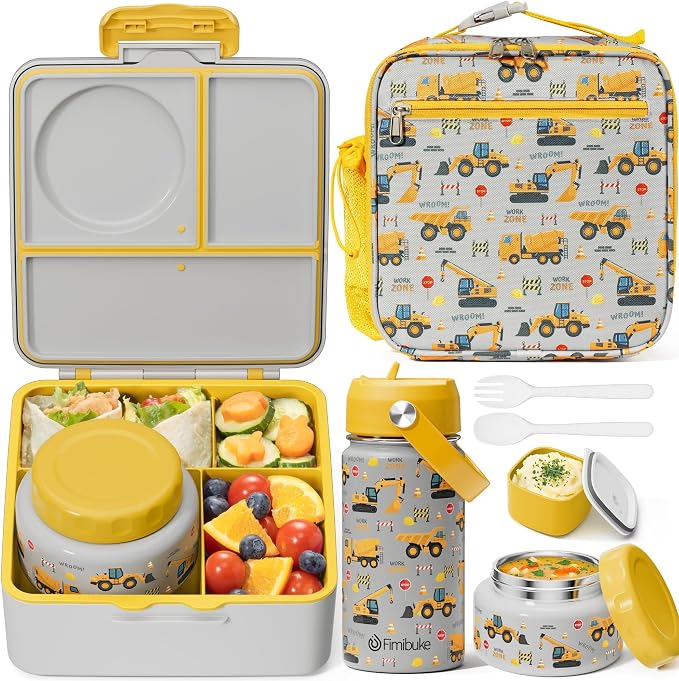 Fimibuke Bento Box for Kids Adult - Leakproof 3-4 Compartments Lunch Bento Box Set with Insulated Food Jar, Water Bottle, Lunch Bag, Sauce Cup & Cutlery for Toddler Teen Shcool Girl Boy Age 3+