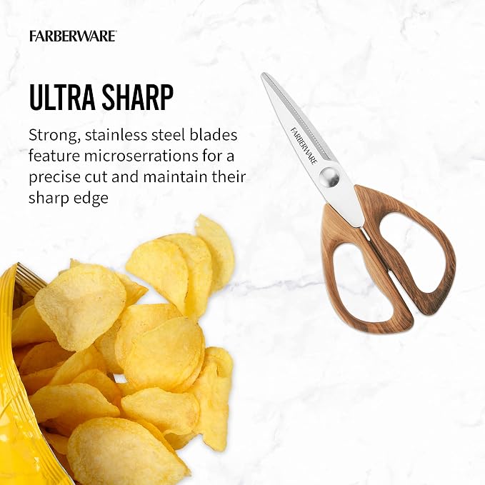 Farberware All-Purpose Kitchen Shears with Faux Wood-Grain Finish Handles, Stainless Steel Blades, Multipurpose Scissors for Meat, Herbs, and More