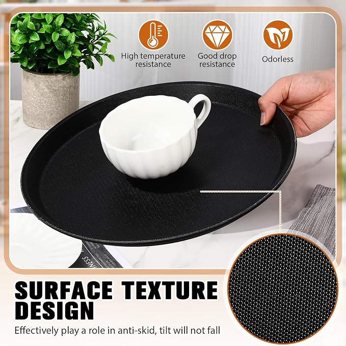 Zopeal 4 Pcs Bar Service Tray Round Plastic Non Slip,16" | For Waiter Server in Restaurant Cafeteria Bar, Raised Edges Prevent Spills, Cocktail Food Server, Textured Surface Grip