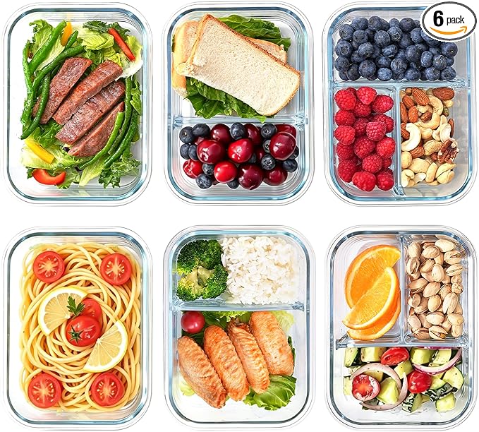 6 Pack Glass Storage Containers with Lids, 1 & 2 & 3 Compartments | 6-Pack Divided Glass Food Storage Containers, Airtight Leakproof, BPA-Free, Microwave/Dishwasher/Freezer Safe, Stackable