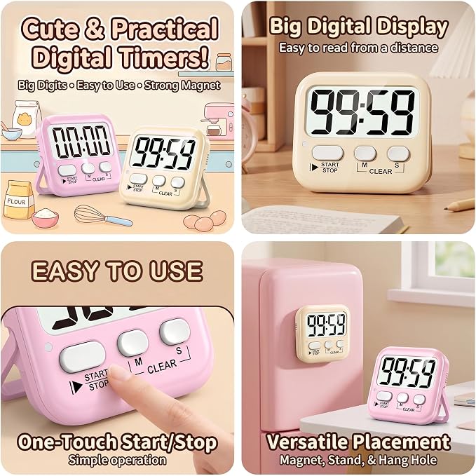 2 Pack Digital Timer for Kids Classroom Kitchen Timers for Cooking | w/ Battery, Easy to View, Alarm, Mute Mode, Count Down/Up, Magnetic, Kickstand, Hanging, Classroom Timer for Teacher Supplies