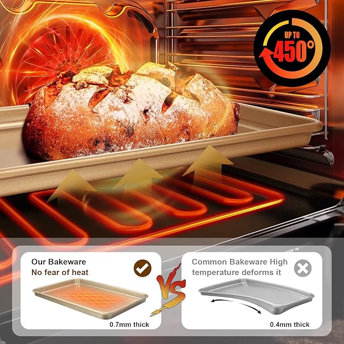 Wildone Baking Sheet Pan Set of 2, Nonstick Cookie Sheets for Baking | Thicker Carbon Steel Quarter Sheet Jelly Roll Pan, 9x13in, 10x15in, Heavy Duty & Easy Clean, Champagne Gold
