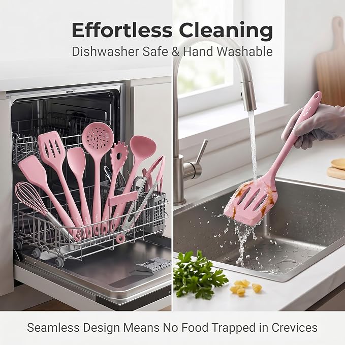 Vayvnt Cooking Utensils Set, 10PCS Non Toxic Silicone Set for Kitchen, Pink | Seamless construction, Soft Silicone for Nonstick Pan, Dishwasher Safe, Kitchen Gadgets for Home Apartment, Housewarming Gift