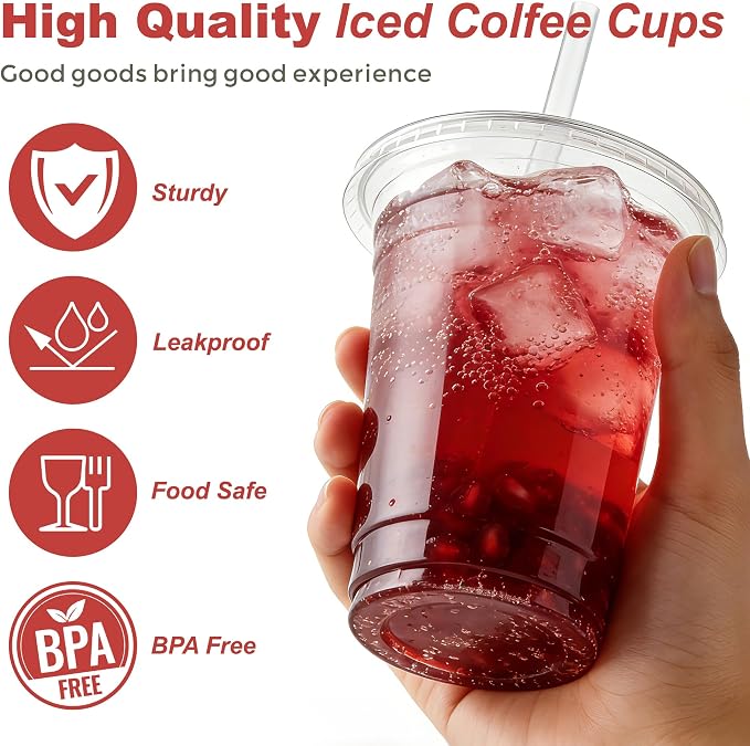 Ginkgo 100 Pack - 16 oz Clear Plastic Cups with Lids and Straws | Leak-Proof & Sturdy, Disposable Iced To Go Coffee Cups for Smoothie, Cold Beverages