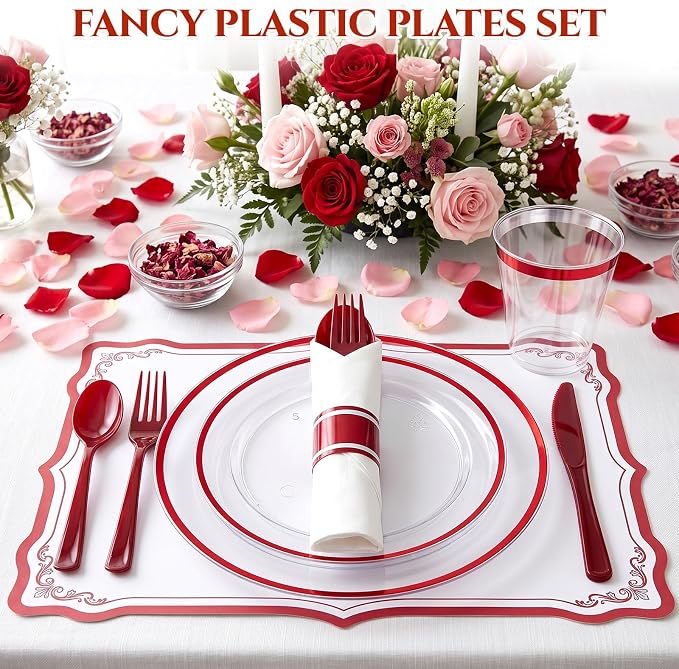 Glowserve 25 Guests 175 PCS Disposable Plastic Plates Clear Dinnerware Sets | 50 Plastic Plates,75 Silverware,25 Plastic Cups,25 Rolled Napkins,for Party Wedding,Red Rimmed Plates