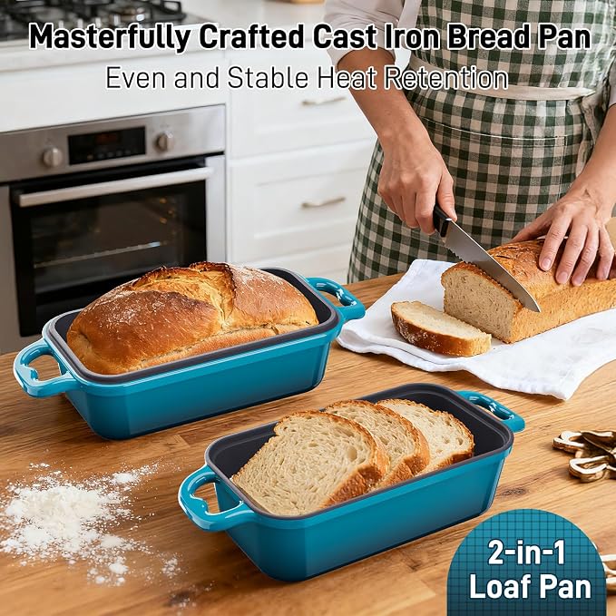 Enameled Cast Iron Sourdough Bread Dutch Oven, 8.5x4.5 Inch Loaf Cast Iron Bread Pan for Homemade Bread Baking, Sourdough Baking Pans, Meatloaf Pan with Lid, 2 Piece set, Emerald