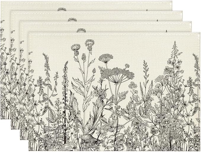 Artoid Mode Grey Antique Herbs and Wild Flowers Spring Placemats Set of 4, 12x18 Inch Seasonal Table Mats for Party Kitchen Dining Decoration
