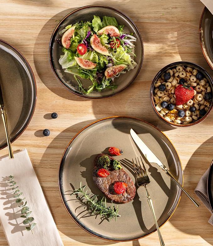 Ceramic Dinnerware Set for 4, 12-Piece Plates and Bowls Set | Handmade Reactive Glaze Dish Set, Scratch Resistant, Oven & Microwave & Dishwasher Safe, Mocha Brown