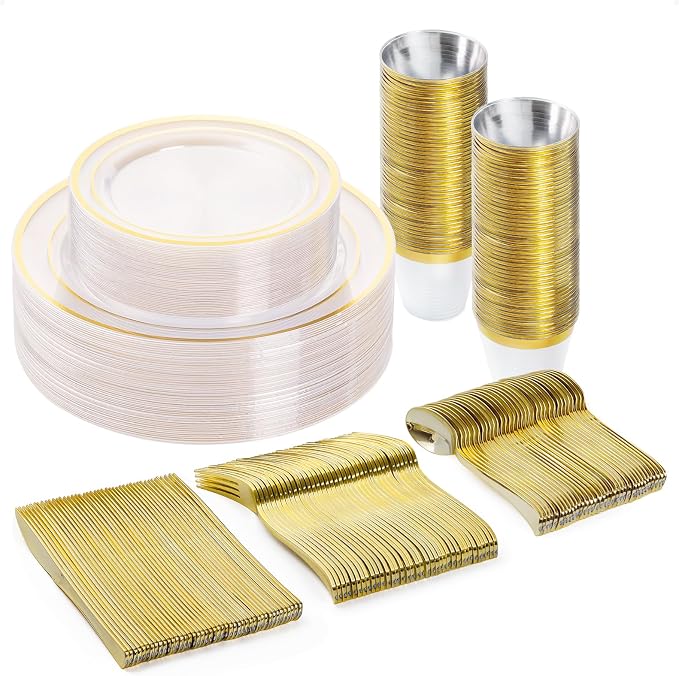 BESTVIP 150PCS Plastic Dinnerware Set (25 Guests), Clear Gold Disposable Plates for Party, Wedding, Christmas, Anniversary, Includes: Dinner Plates, Dessert Plates, Cups, Spoons, Forks and Knives | for Party, Wedding, Christmas, Includes: Dinner Plates...