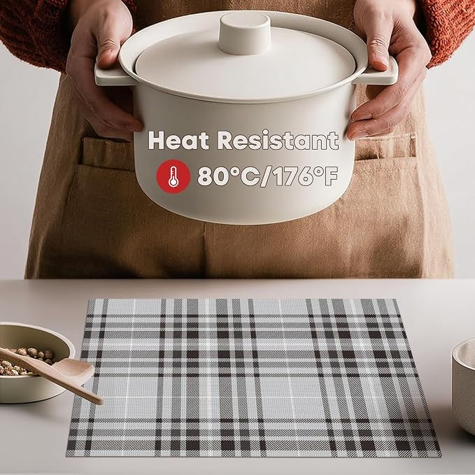 Artoid Mode Stripe Plaid Vinyl Placemats Set of 4, 12x18 Inch Washable Non-Slip Heat Resistant Plastic Place Mats for Party Dining Table, Grey