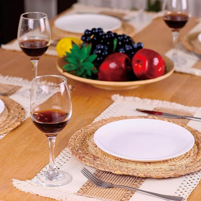 Handmade Boho Placemats Set of 6 - Natural Cotton Burlap and Water Straw Woven Combination Table Mats, Macrame Décor and Farmhouse Style Placemats, for Dining Table Kitchen