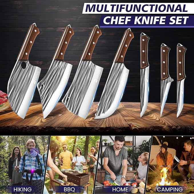 Butcher Knife Set, Sharp Kitchen Knife Set with Roll Bag Gift for Men | Hand Forged 14PCS Butcher Chef Knife Set with Bone Chopping Knives & Meat Cleaver Knife & Fillet Knives for Home, Camping BBQ