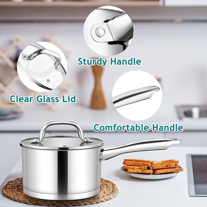 E-far Stainless Steel Saucepan with Lid Set - 1QT & 2QT &3QT, Triply Sauce Pan Induction Pot for Cooking, Boiling, Compatible with All Stoves, Visible Lid, Healthy & Non Toxic, Oven & Dishwasher Safe