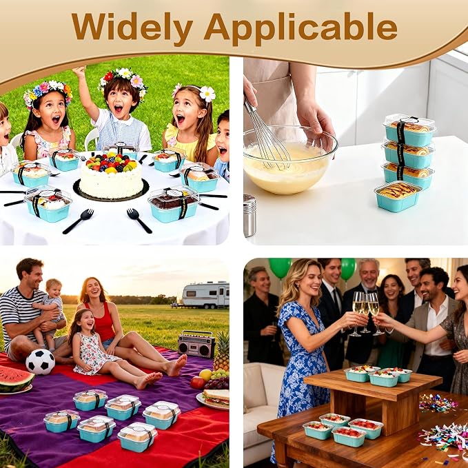 Mini Cake Pans With Lids And Spoons,5.5 oz Rectangle Mini individual Loaf Pans Disposable Aluminum Foil Small Baking Cups Tins (100, Wathet)