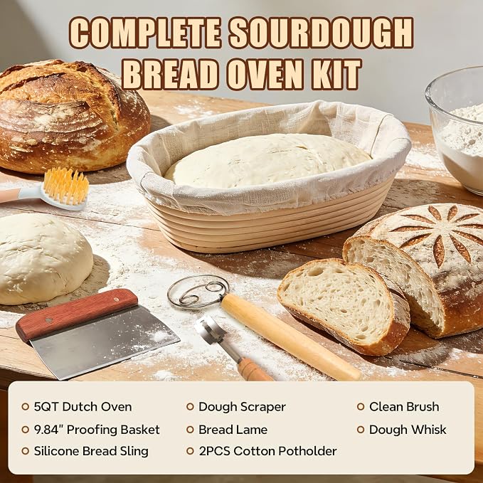 Enameled Cast Iron Dutch Oven for Bread Baking - incl. Sourdough Bread-Baking Supplies like Banneton Bread-Proofing Basket - 5QT Loaf Cast Iron Bread Oven Pan& Meatloaf Pan with Lid, Sour Sough Tools, Lame (Cream White）