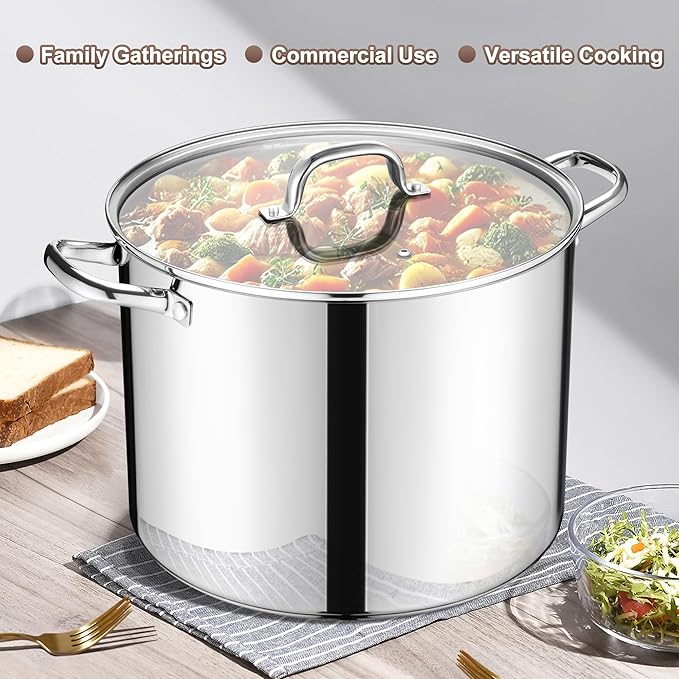 E-far 20 Qt Large Stock Canning Pot, Stainless Steel Stockpot with Lid for Boiling Cooking Soup Stew, Heavy Duty Tri-Ply Bottom Works w/Induction, Commercial Grade & Dishwasher Safe