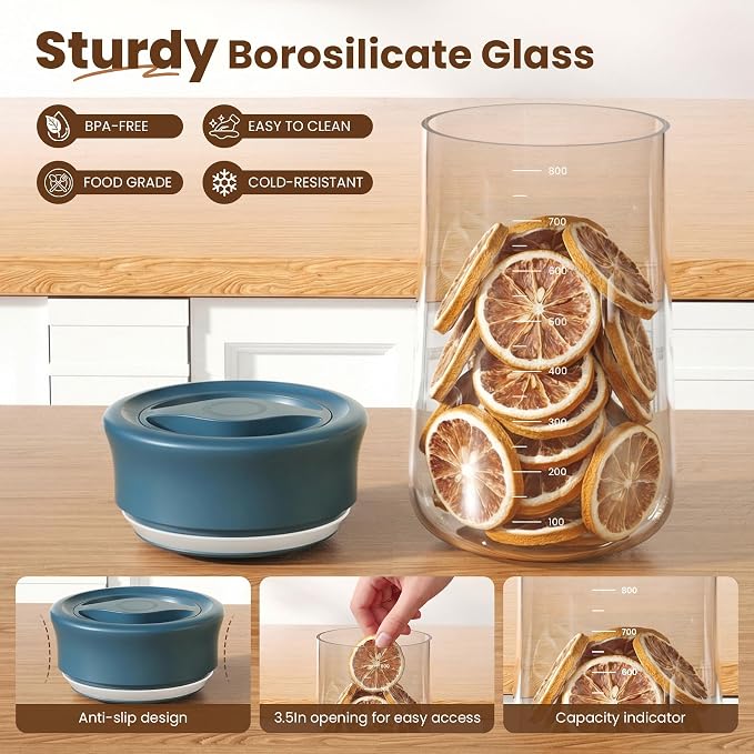Airtight Glass Storage Jar 27 oz, Easy Open 1/4-Turn Lid Coffee Container | Easy-Open Quarter-Turn Lid, Airtight, Food Grade, Transparency, with Scale