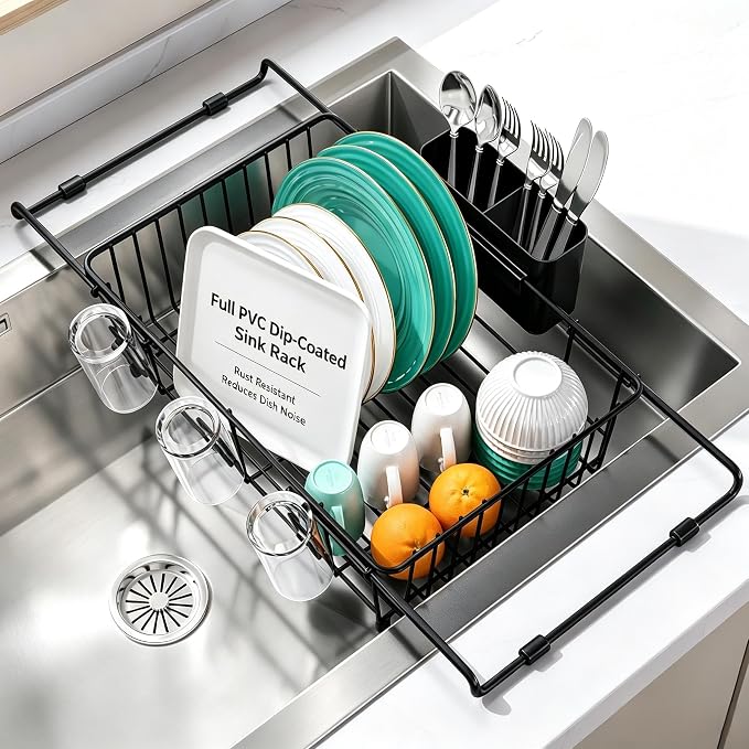 Urackify Expandable in Sink Dish Rack, Full PVC Dip-Coated, Black | Scratch Protection, Reduced Noise, Fast Water Drainage, Fits 14.5"-18"W Sink, Rust Resistant