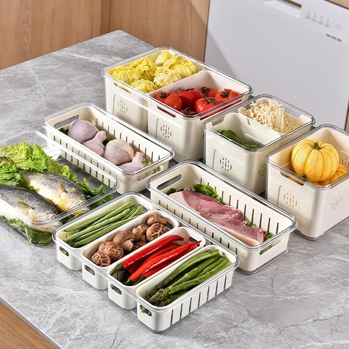 2 Pcs Salad Bar Containers for Fridge with Lid, Fruit Storage Veggie Tray | Salad Prep Container with 4 Removable Strainers, Berry Box Fresh Produce Saver Lettuce Keeper for Refrigerator Kitchen Picnic