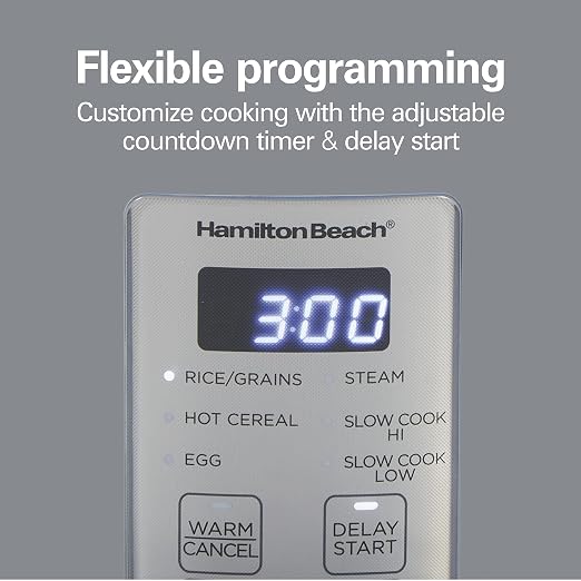 Hamilton Beach Digital Programmable Rice Cooker & Food Steamer | 12 Cups Cooked (6 Uncooked) | Slow Cooker & Hard-Boiled Egg Settings | PFAS-Free Nonstick Pot | Steam Basket | Blue