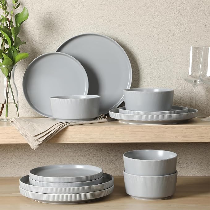 Gibson Home Dempsey Road 12-Piece Stoneware Dinnerware Set – Service for 4, Round Grey Plates and Bowls, Durable Solid Color Modern Embossed Dish Set, Microwave & Dishwasher Safe