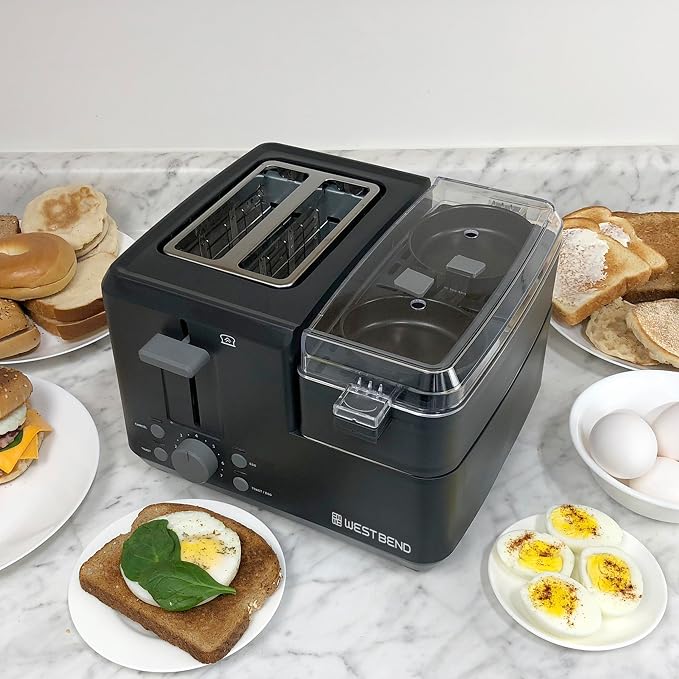 West Bend Breakfast Station 2-Slice Toaster and Egg Cooker/Poacher with Removable Pre-Cooked Meat and Vegetable Warming Tray for Perfect Breakfast Sandwiches, 1200-Watts, Black