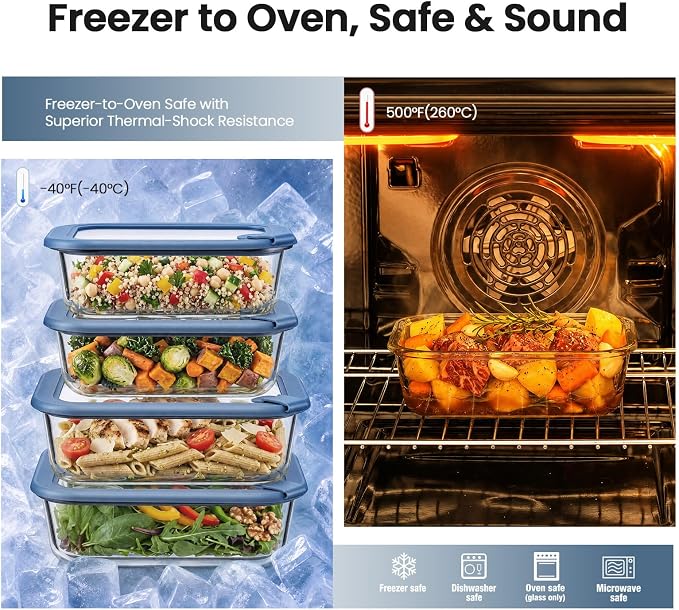 Taree Glass Food Storage Containers with Glass Silicone Lids,22/35oz, Blue | Meal prep,office lunches&eftover storage,borosilicate glass,microwave safe reheating with steam vent,BPA free,dishwasher safe