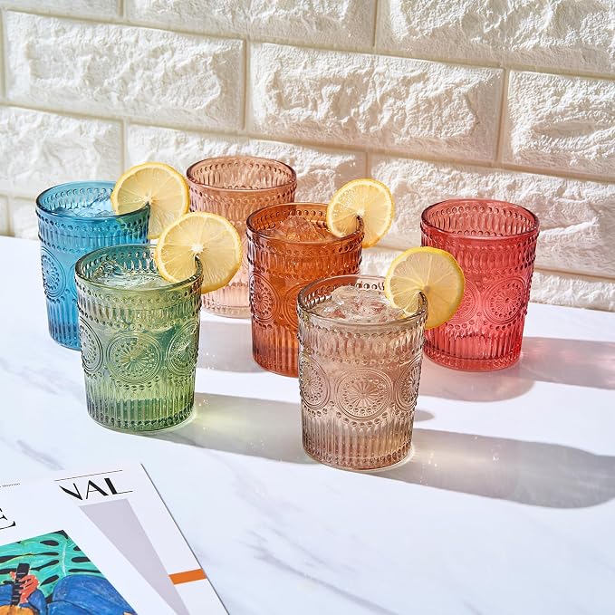 Beautiful Colored Tumbler Drinking Glasses | Set of 6 | Crystal, 10oz - Vintage Drinking Cup, Luxury Multi Color Glassware Gift Set Her, Wife & Mom, Him - Colorful Drinkware for Water, Wine, Cocktail