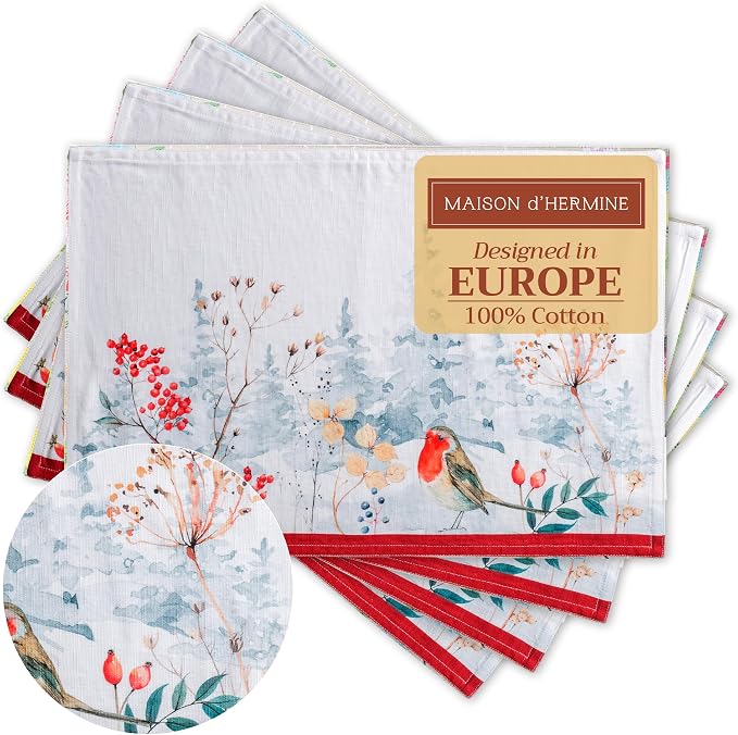 Maison d' Hermine Placemats Set of 4 Reusable 100% Cotton (13"x19") | Cloth Place Mats Washable Table Mats for Kitchen Dining Party Wedding Hotel Home Thanksgiving Christmas - Morzine