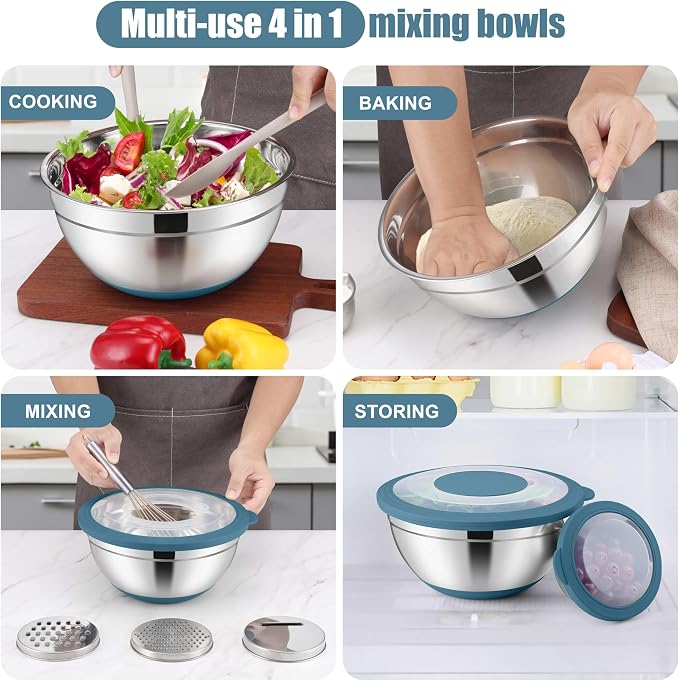 E-far Stainless Steel Mixing Bowls with Lids & Colander, 15PCS | Nesting Mixing Bowl with Non-Slip Bottom & 3 Metal Grater, For Kitchen Prep Baking Storage, 4.6, 3, 1.5, 1, 0.7QT, Blue