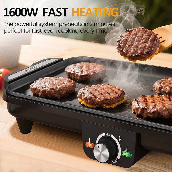 35''Electric Large Griddle - 1600W,Foldable Dual Zone,Nonstick | Long Skillet with Adjustable Temp,Pancake Egg Maker,Drip Tray,Indicator Light for Indoor/Outdoor/BBQ/Camping/Pancake
