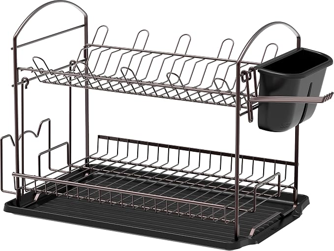 Simple Houseware 2-Tier Dish Rack with Drainboard, Bronze