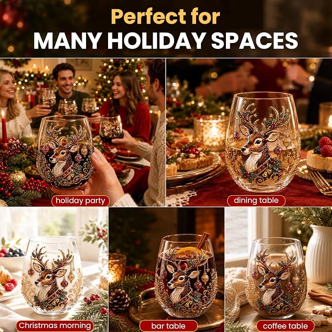 Christmas Wine Glasses, 12oz Stemless Holiday Glassware with Festive Style (Christmas Glasses Set of 4 (A))