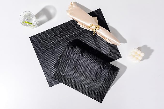 LEXMORE Placemats Set of 8 Vinyl/Plastic Woven Place Mats for Kitchen Table Indoor/Outdoor Washable Placemat Wipeable Dining Table Mats(Black Cube)
