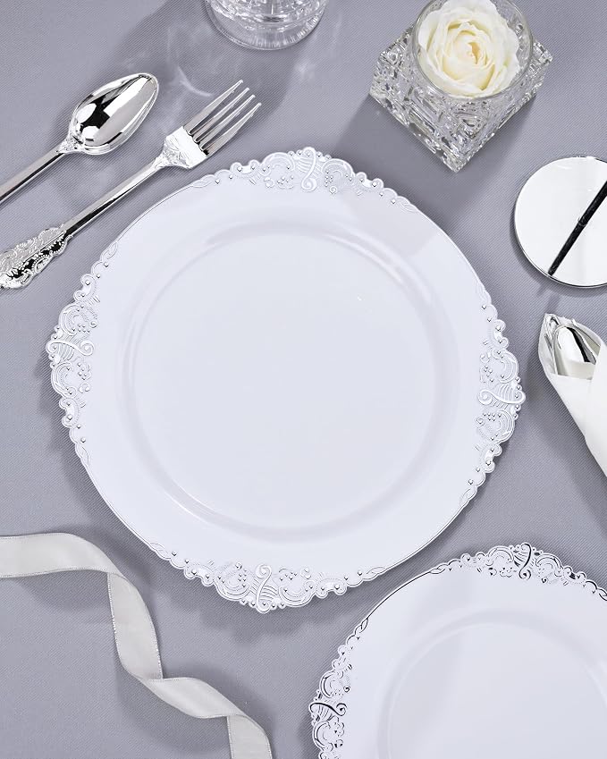 Nervure 700Pcs Silver Plastic Plates, Plastic Dinnerware Set for 100 Guests | 100 7.5" Dessert & 100 10.25" Dinner Plastic Plate, 300 Cutlery, 100 10oz Cups, 100 Napkin for Wedding & Party, Heavy-duty