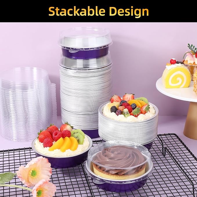 Beasea Mini Tart Pans with Lids, 120 Pack 7.3oz 4 Inch Disposable Cake Pans Aluminum Foil Pie Tart Baking Cups Tins Individual Dessert Containers Oven Dishes for Cheesecake - Violet Purple