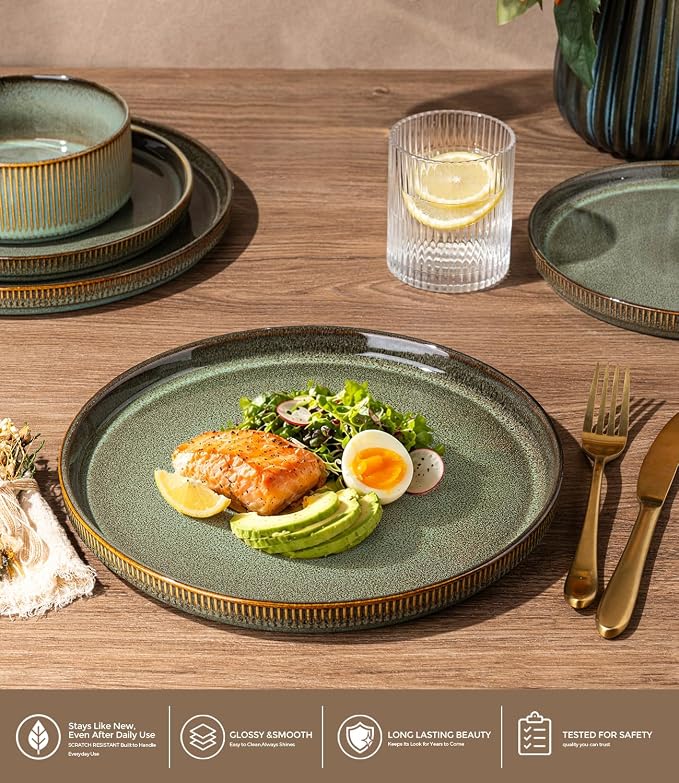 GBHOME Stoneware Dinnerware Sets for 4, 12-Piece Plates and Bowls Set | Handmade Reactive Glaze Ceramic Dish Set, Scratch Resistant, Dishwasher&Microwave Safe,Moss Green