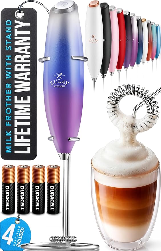 Zulay Kitchen Powerful Milk Frother Wand With Duracell Batteries - Ultra Fast Handheld Drink Mixer - Electric Whisk Foam Maker for Coffee, Lattes, Cappuccino & Matcha - Z1 Motor - Firework