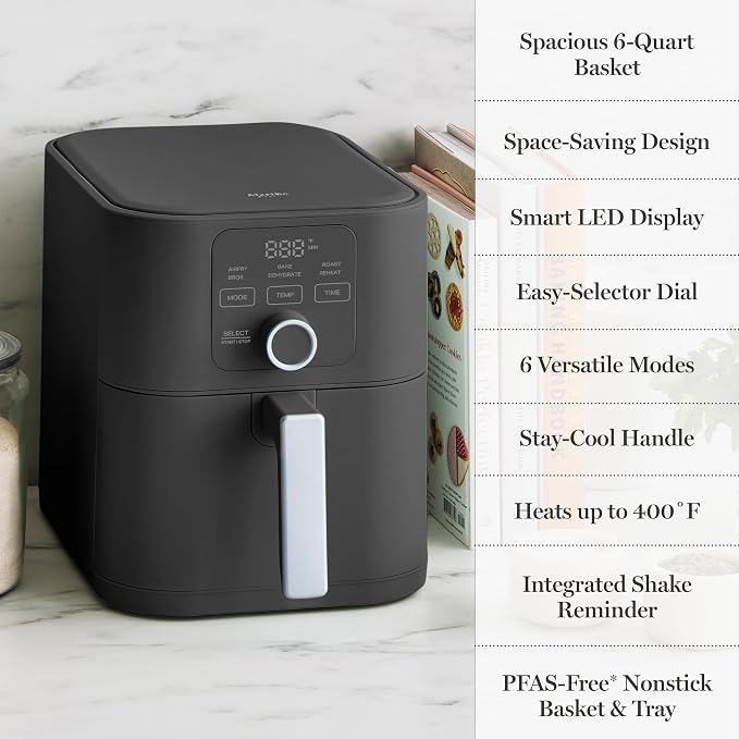 Martha Stewart 6-Quart Air Fryer, 6 Presets, Space Saving, Caviar Gray | 3lb Capacity, PFAS-Free Ceramic Nonstick Basket & Tray, Bake, Roast, Broil, Dehydrate, Reheat, Shake Reminder, Heat up to 400