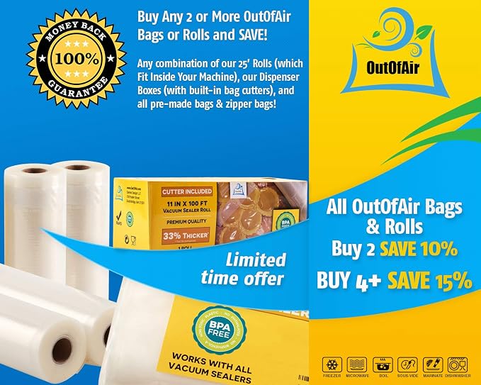 11" x 25' Rolls (Fits Inside Machine) - 2 Pack (50 feet total) OutOfAir Vacuum Sealer Rolls. Works with FoodSaver Vacuum Sealers. 33% Thicker, BPA Free, Sous Vide, Commercial Grade