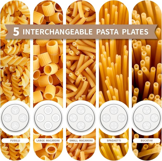 Metal Gourmet Pasta Press Attachment for Kitchenaid Stand Mixer, Pasta Maker Attachment with 5 Interchangeable Plates, Spaghetti Bucatini Fusilli Large/Small Macaroni